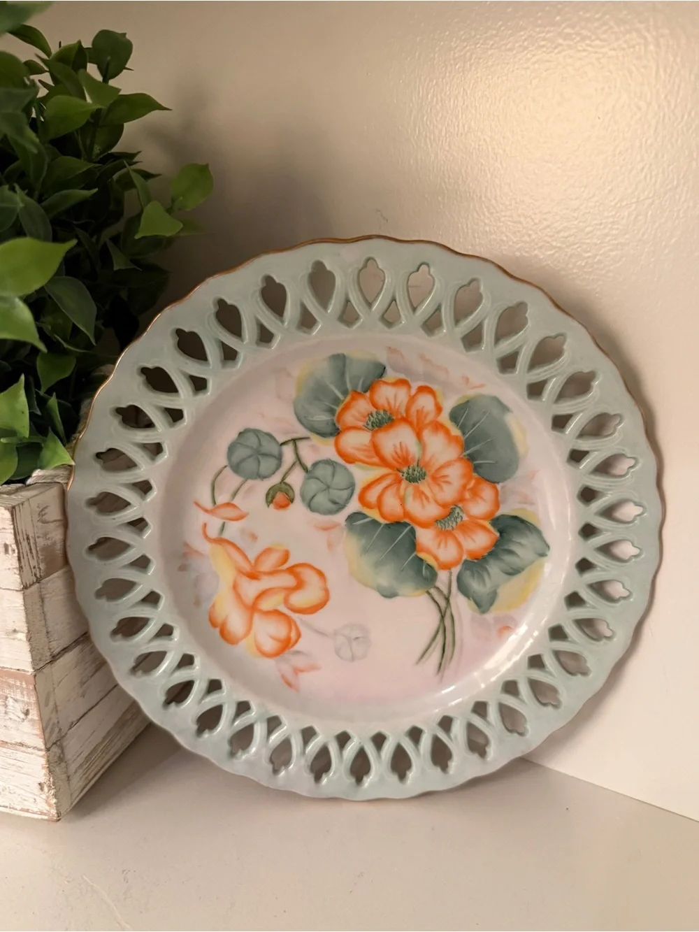 Vintage 1968 Hand Painted Floral Porcelain Plate Pierced Rim Dorothy Glover